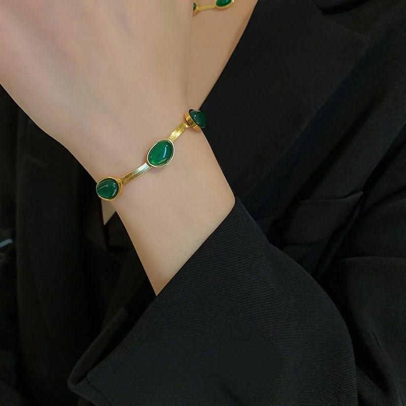 Oval Green Crystal Pendant Necklace Set