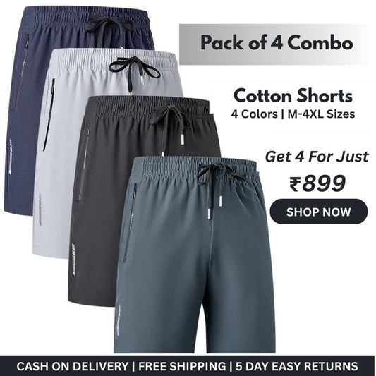Men’s StretchFit Cotton Shorts – Combo of 4 (Breathable, All-Day Comfort)